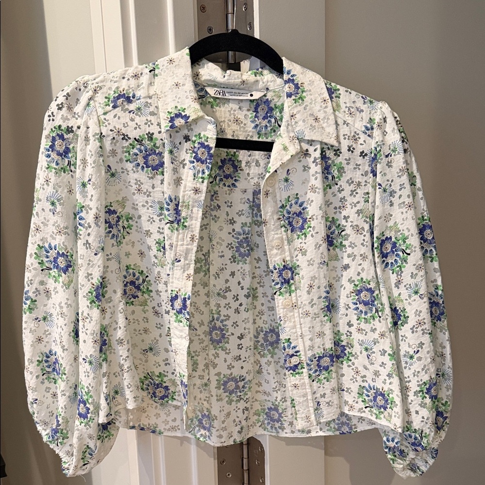 Zara White Floral Blouse with Blue and Green Accents